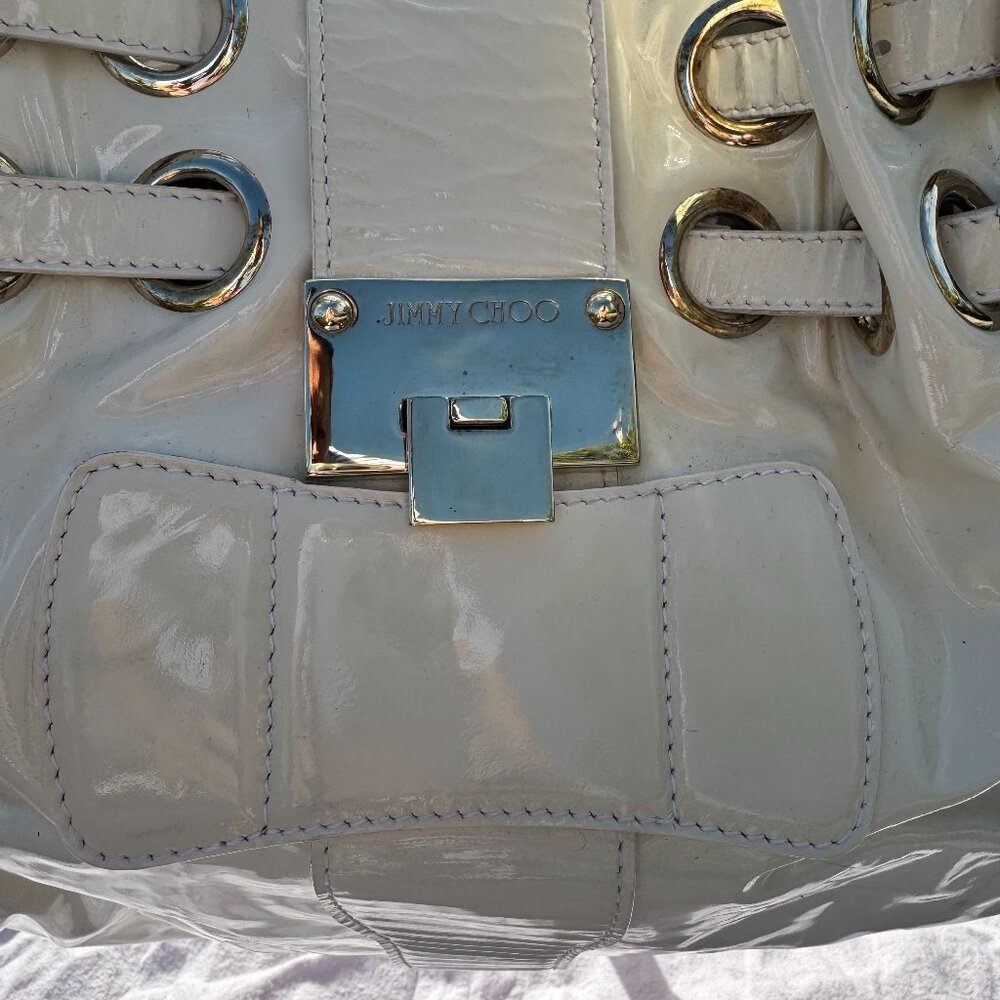 Jimmy Choo Made in Italy White Patent Leather Drawstring Tote - Picture 4 of 17